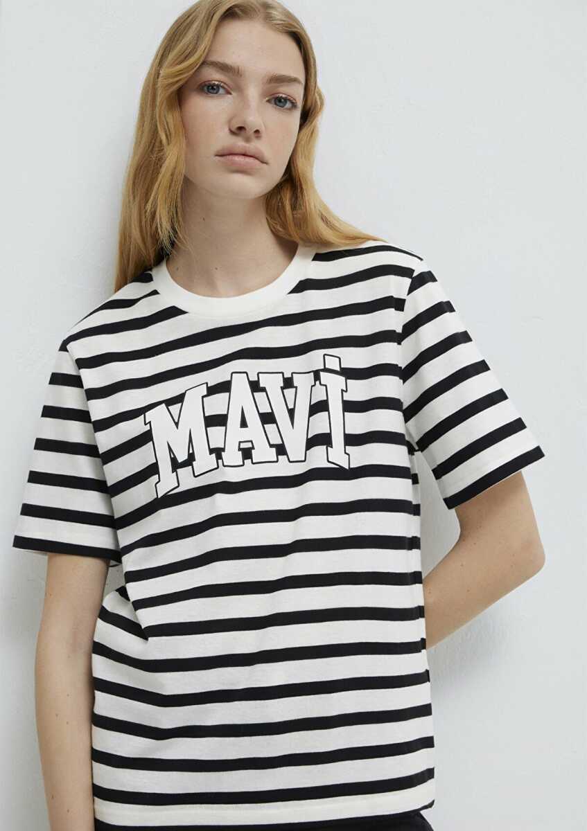 Mavi Logo Siyah Beyaz Çizgili Kadın Tişört 1611360-84041