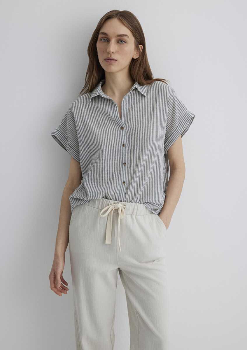 Mavi Loose Fit Gri Çizgili Kadın Gömlek 1210445-89853