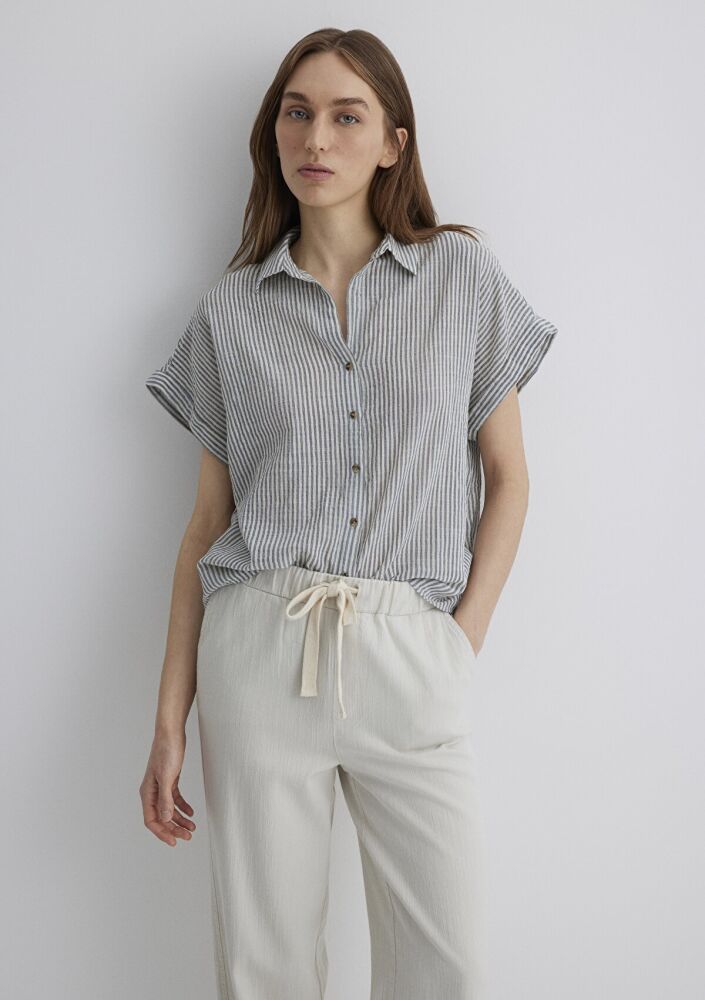 Mavi Loose Fit Gri Çizgili Kadın Gömlek 1210445-89853