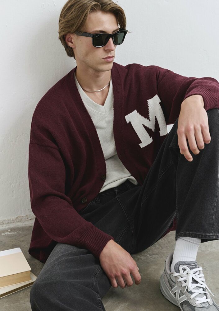 Mavi M Baskılı Bordo Oversize Erkek Hırka 0710288-70414 (1)