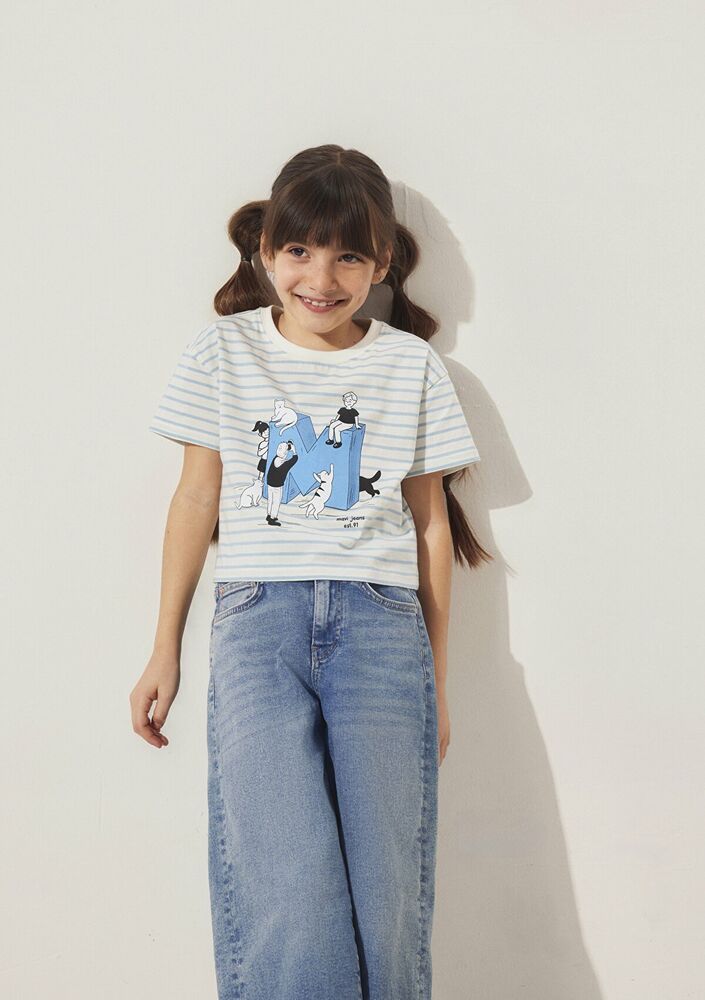Mavi M Baskılı Çizgili Crop Bebe Mavi Çocuk Tişört 7610285-83766 - 1