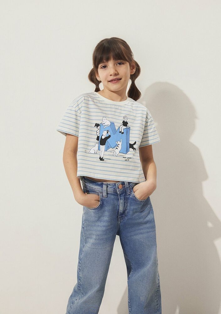 Mavi M Baskılı Çizgili Crop Bebe Mavi Çocuk Tişört 7610285-83766 - 2