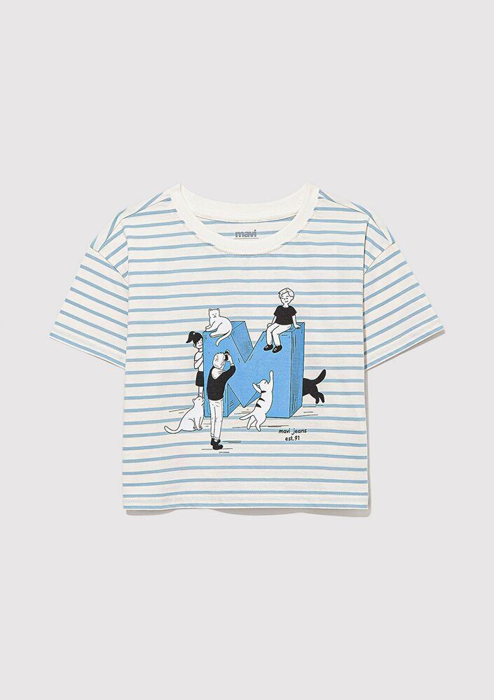 Mavi M Baskılı Çizgili Crop Bebe Mavi Çocuk Tişört 7610285-83766 - 3