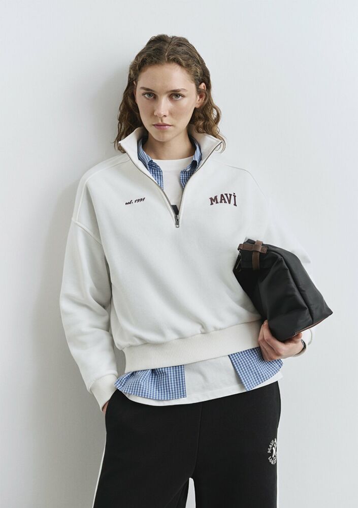 Mavi Mavi Logo Baskılı Yarı Fermuarlı Ekru Loose Fit Kadın Sweatshirt 1S10373-70057