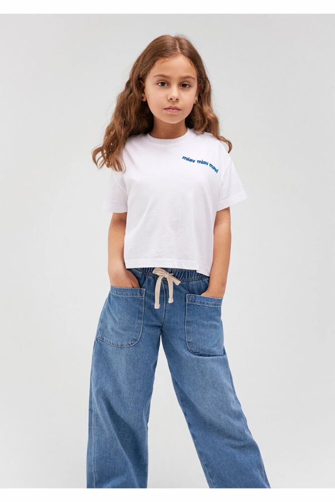 Mavi Mıav Baskılı Crop Beyaz Çocuk Tişört 7610180-620 (1)