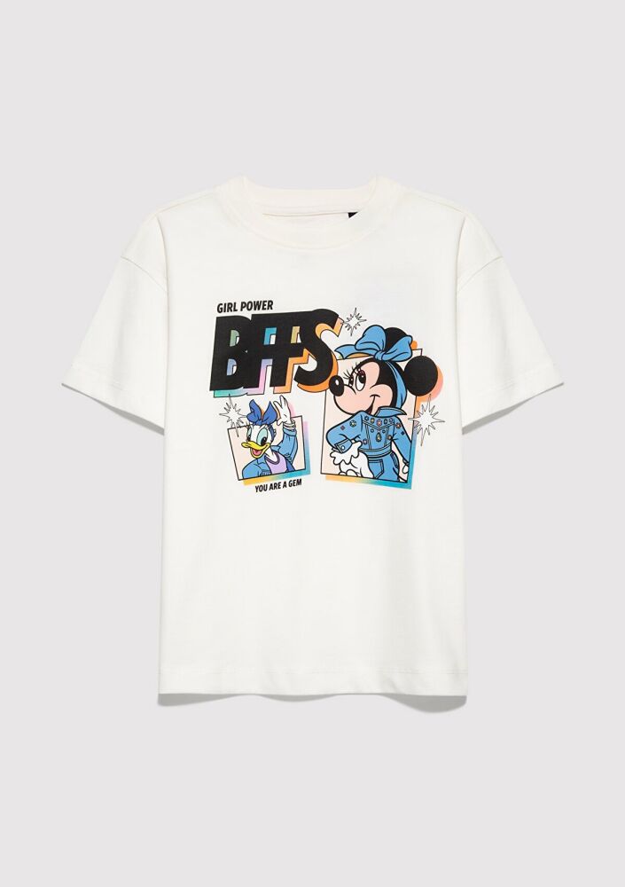 Mavi Mickey Mouse Baskılı Loose Fit Ekru Çocuk Tişört 7610419-70057