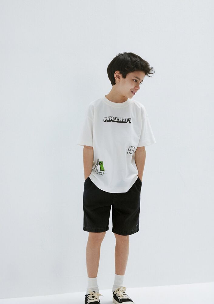 Mavi Minecraft Baskılı Ekru Oversize Çocuk Tişört 6610476-70057