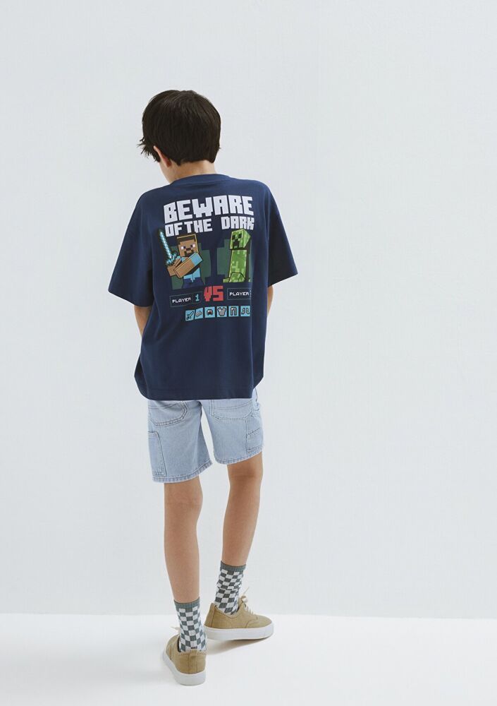 Mavi Minecraft Baskılı Lacivert Oversize Çocuk Tişört 6610475-70491 (1)