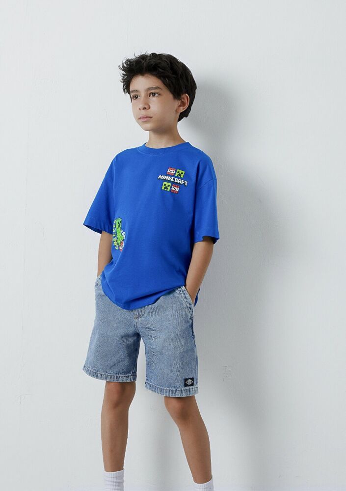 Mavi Minecraft Baskılı Oversize Çocuk Tişört 6610495-70896