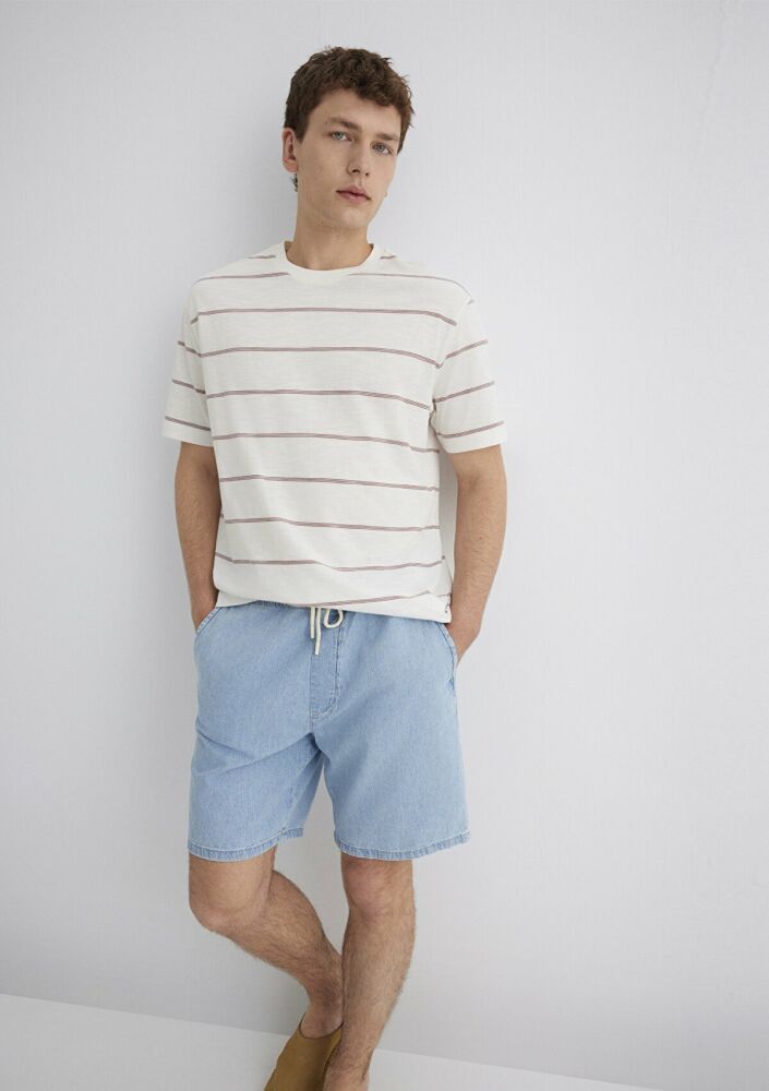 Mavi Mor Çizgili Ekru Loose Fit Erkek Tişört 0612941-70399 - 1