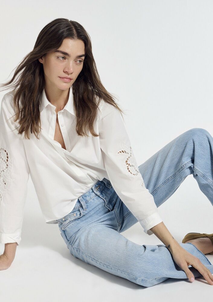 Mavi Nakış Detaylı Ekru Loose Fit Kadın Gömlek 1211382-70057 (1)