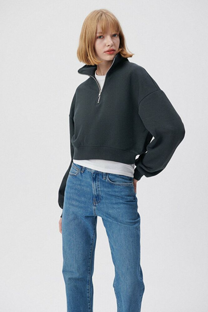 Mavi Polo Yaka Fermuarlı Antrasit Kadın Sweat 1611755-80106 - 1