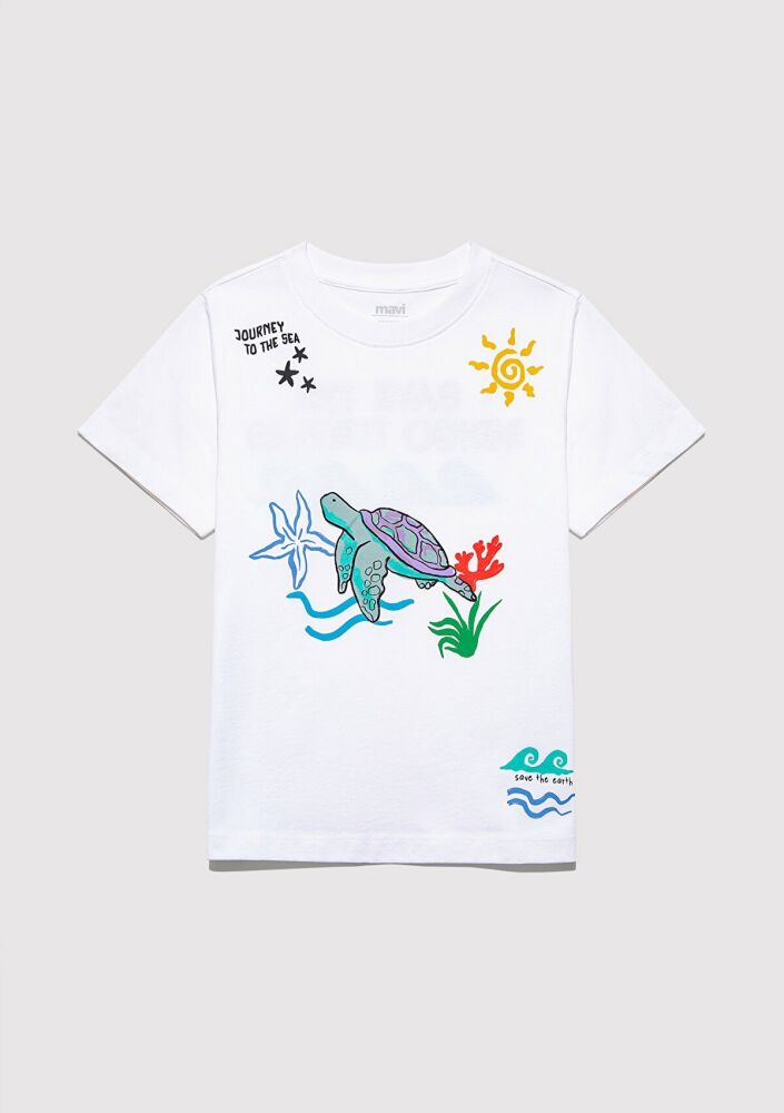 Mavi Save The Indigo Turtles Beyaz Çocuk Tişört 7610377-620 - 4