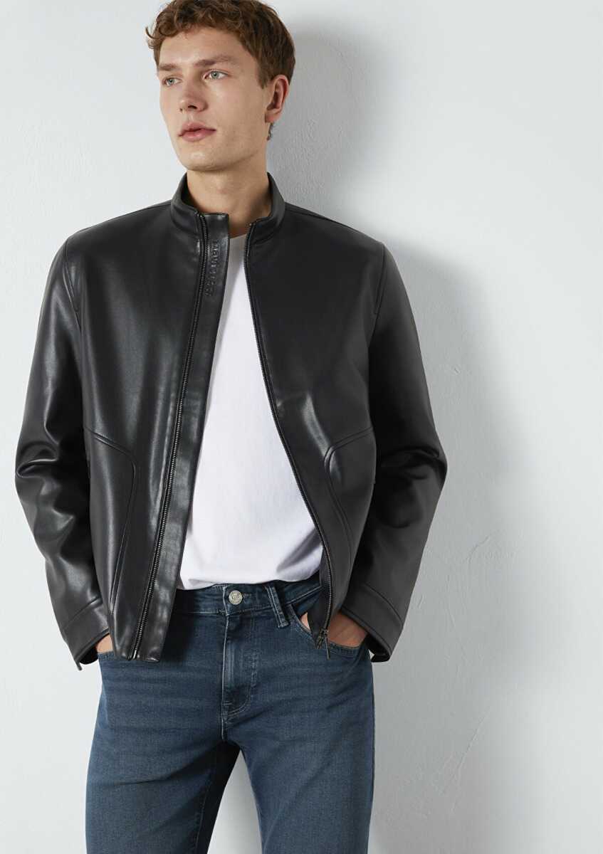 Mavi Siyah Biker Suni Deri Erkek Ceket 0110789-71379