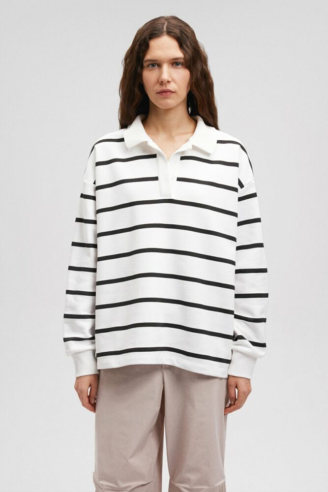Mavi Siyah Çizgili Polo Yaka Kadın Sweat 1612171-85143 - 4
