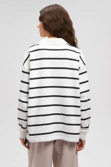 Mavi Siyah Çizgili Polo Yaka Kadın Sweat 1612171-85143 - 5