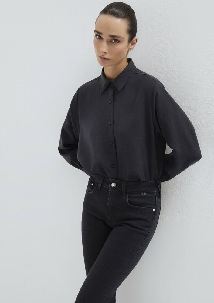 Mavi Siyah (TENCEL™) Liyosel Karışımlı Loose Fit Kadın Gömlek 1211373-900