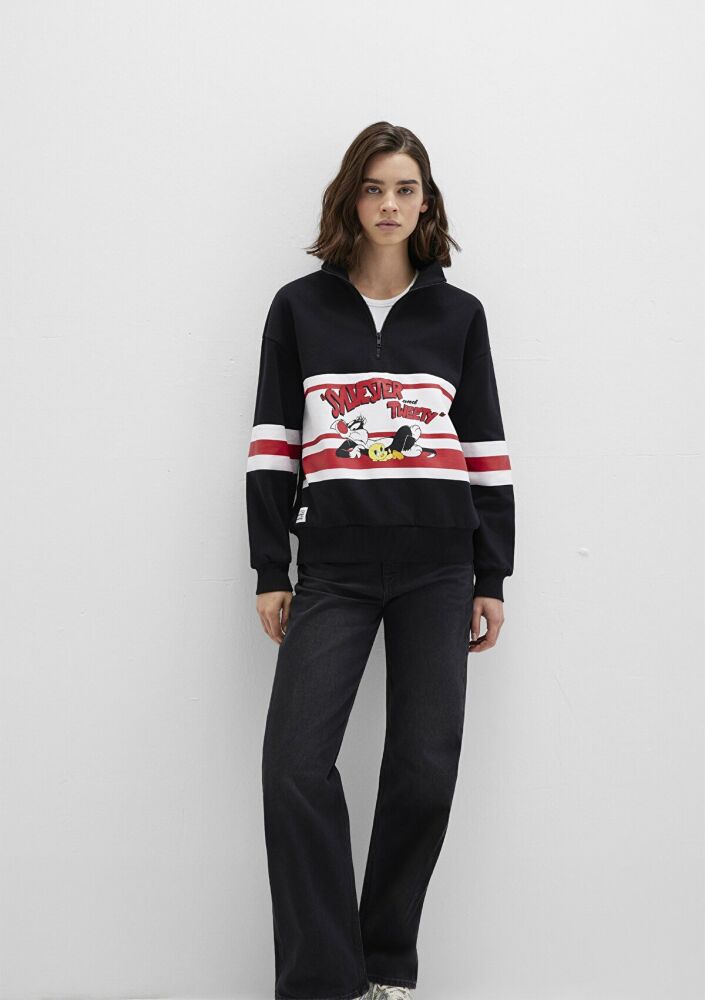 Mavi Tom And Jerry Baskılı Siyah Loose Fit Kadın Sweat 1S10472-900 (1)