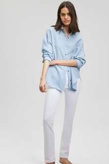 Mavi Uzun Kol Açık Mavi Çizgili Kadın Gömlek 1210339-83927 - Mavi (1)