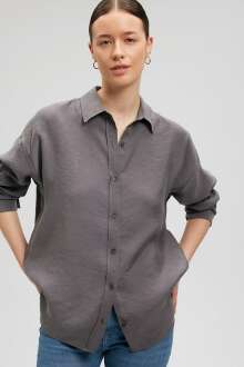 Mavi Uzun Kol Koyu Gri Kadın Gömlek 1210769-70122 - Mavi (1)