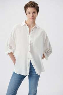 Mavi Uzun Kollu Kırık Beyaz Kadın Gömlek 1210404-70057 - Mavi (1)