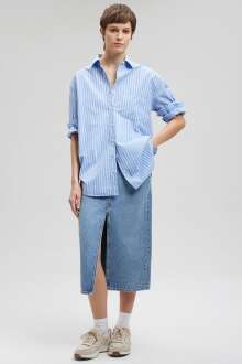 Mavi Uzun Kollu Mavi Beyaz Çizgili Kadın Gömlek 1210676-83938 - Mavi (1)