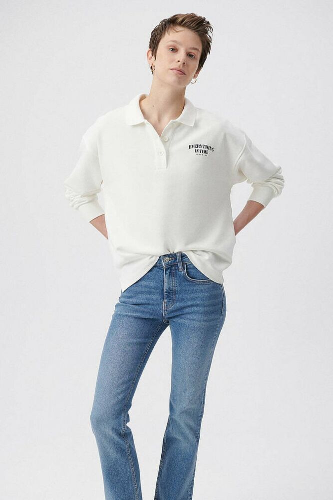 Mavi Uzun Kollu Polo Kırık Beyaz Kadın Sweat 1611827-70057 - 1