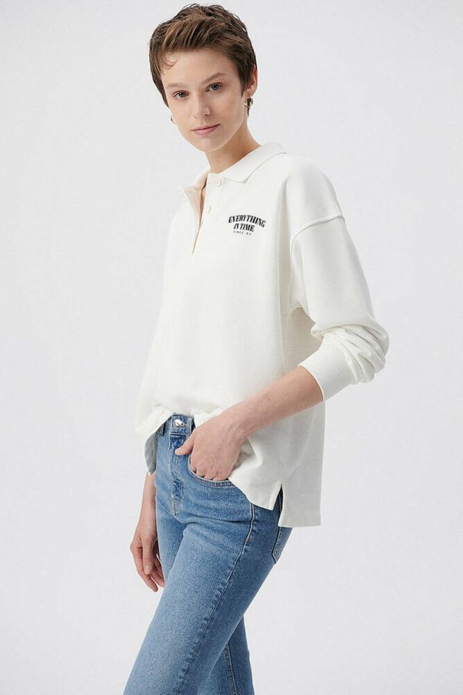 Mavi Uzun Kollu Polo Kırık Beyaz Kadın Sweat 1611827-70057 - 2
