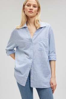 Mavi V Yaka Mavi Çizgili Kadın Gömlek 1210671-80767 - Mavi (1)