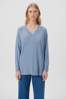 Mavi V Yaka Soluk Mavi Melanj Kadın Kazak 1710144-82359 - Mavi (1)