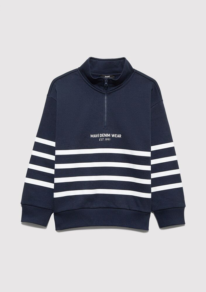Mavi Yarı Fermuarlı Lacivert Çizgili Çocuk Sweat 6S10067-82318