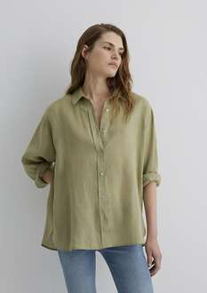 Mavi Yeşil Keten Loose Fit Bol Rahat Kesim Kadın Gömlek 1210747-70333 - 1