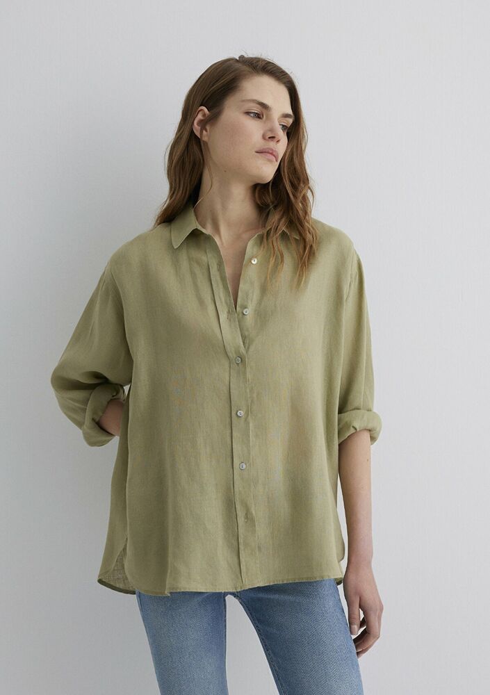 Mavi Yeşil Keten Loose Fit Bol Rahat Kesim Kadın Gömlek 1210747-70333 - 1