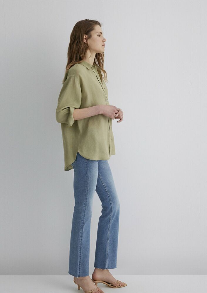 Mavi Yeşil Keten Loose Fit Bol Rahat Kesim Kadın Gömlek 1210747-70333 - 2