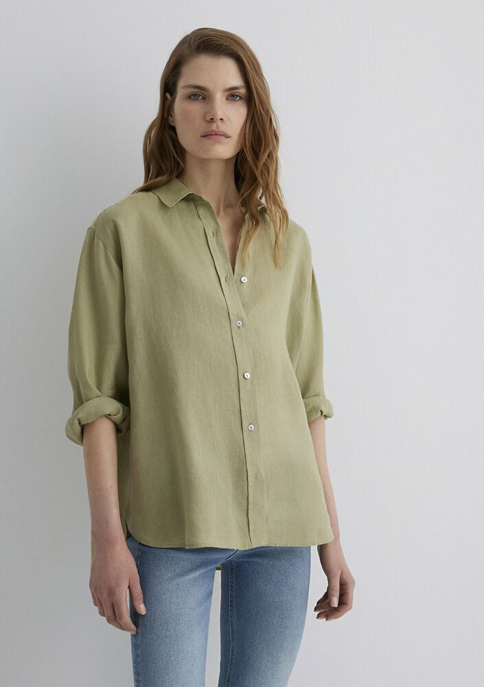 Mavi Yeşil Keten Loose Fit Bol Rahat Kesim Kadın Gömlek 1210747-70333 - 3