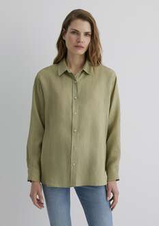 Mavi Yeşil Keten Loose Fit Bol Rahat Kesim Kadın Gömlek 1210747-70333 - 4