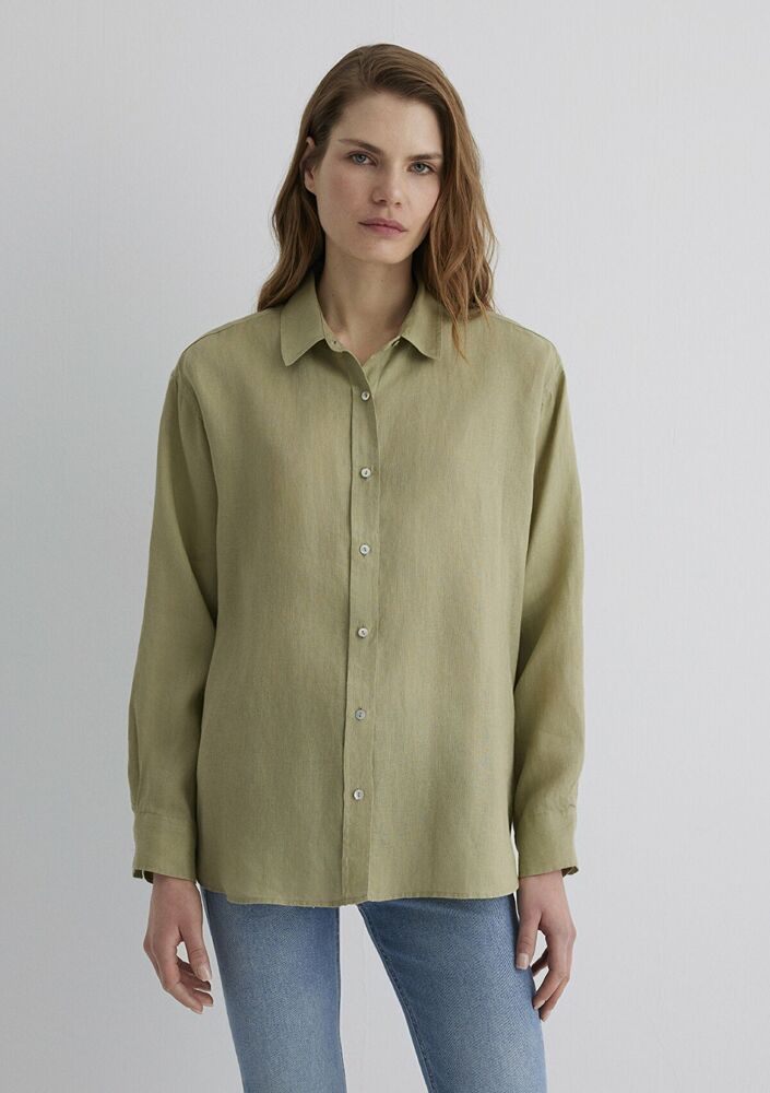 Mavi Yeşil Keten Loose Fit Bol Rahat Kesim Kadın Gömlek 1210747-70333 - 4