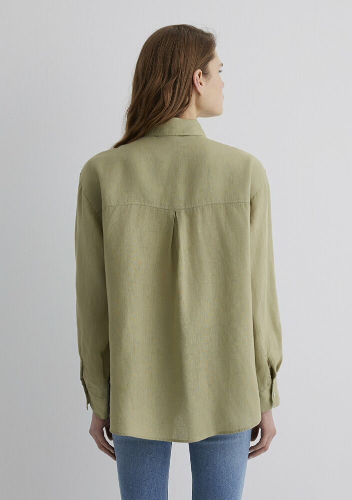 Mavi Yeşil Keten Loose Fit Bol Rahat Kesim Kadın Gömlek 1210747-70333 - 5