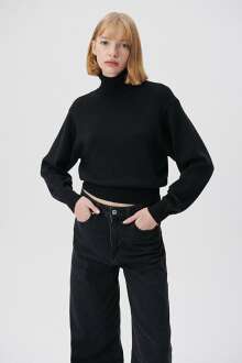 Mavi Yüksek Yakalı Siyah Kadın Kazak 1710370-900 - Mavi (1)