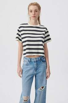 Mavi Yuvarlak Yaka Çizgili Kadın Tişört 1610199-85451 - Mavi (1)