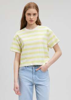 Mavi Yuvarlak Yaka Çizgili Kadın Tişört 1610199-86688 - Mavi (1)