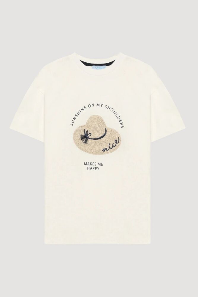 Quzu Baskı ve Nakış Detaylı Kadın T-shirt