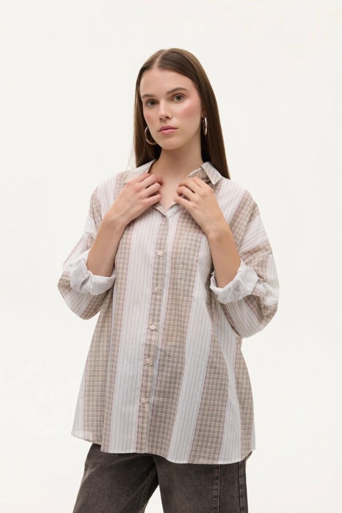 Quzu Matchli Oversize Kadın Gömlek 26KGML01003